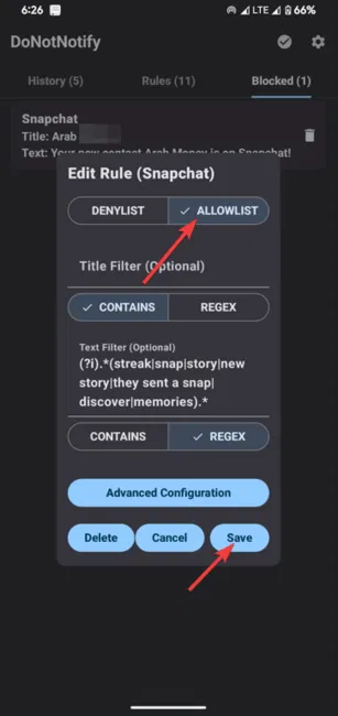 Règle modifiée en liste blanche