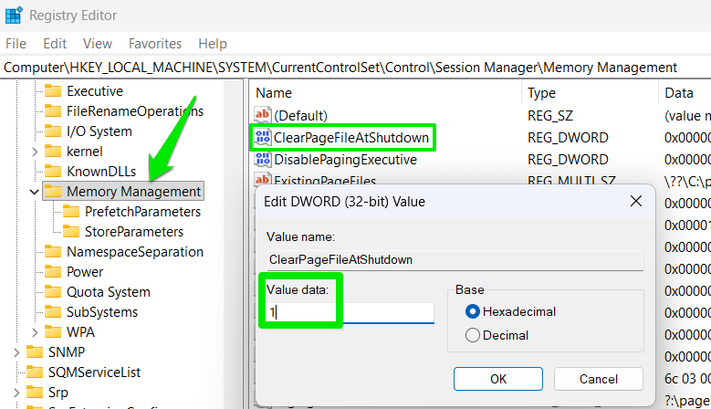 Modification du registre pour effacer le fichier d'échange