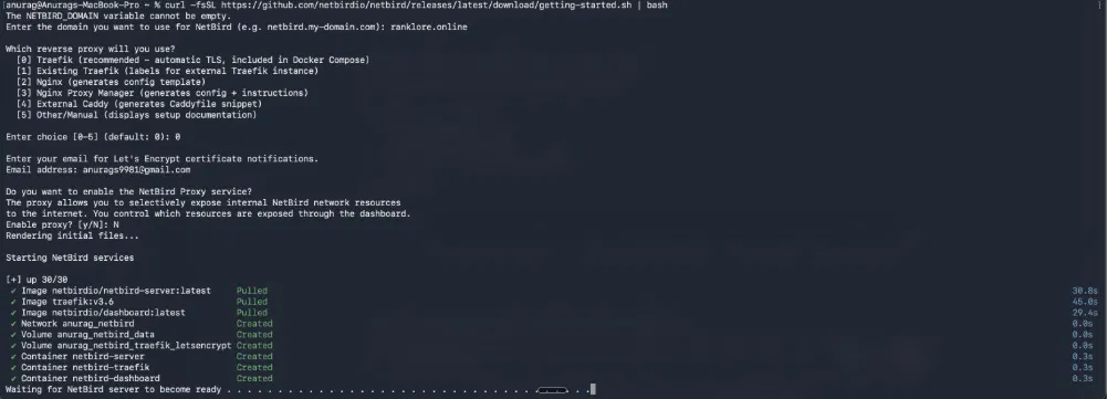 Script Netbird exécuté dans le terminal