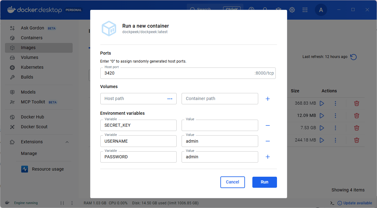 Définir les paramètres du conteneur Dockpeek