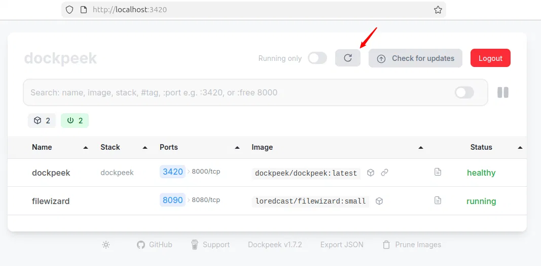 Actualisation Dockpeek en un clic