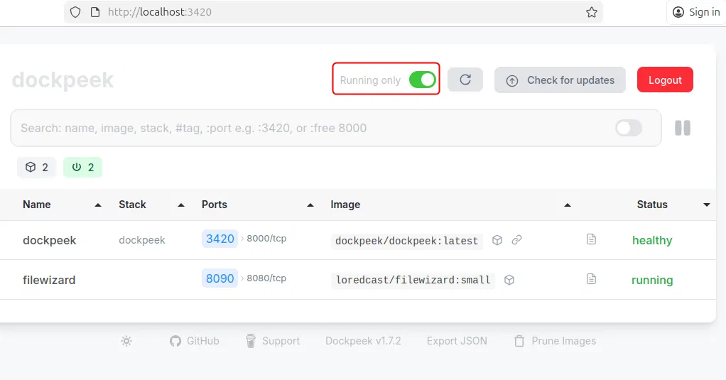 Filtrer les conteneurs en fonction de leur statut