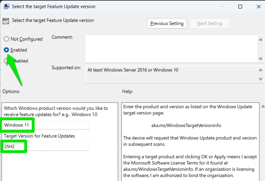 Activation de la mise à jour des fonctionnalités cibles