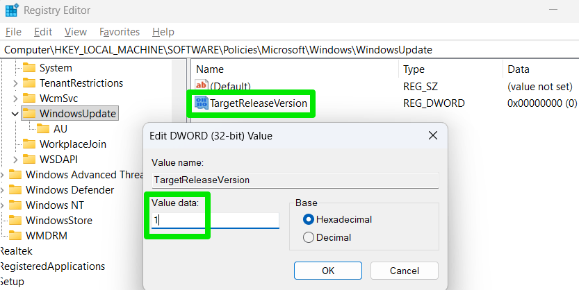 Clé de registre de la version cible