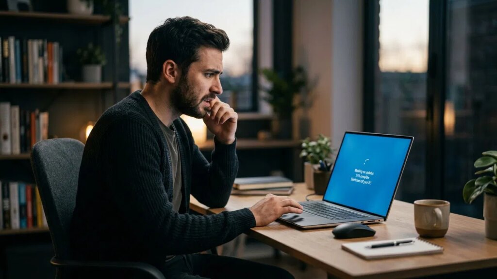 A man looking at a laptop concerned about the updating sequence on it
