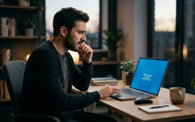 A man looking at a laptop concerned about the updating sequence on it