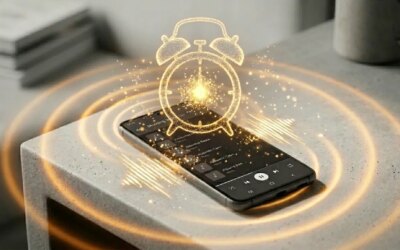 A phone on side table with a playlist playing and alarm going off hologram