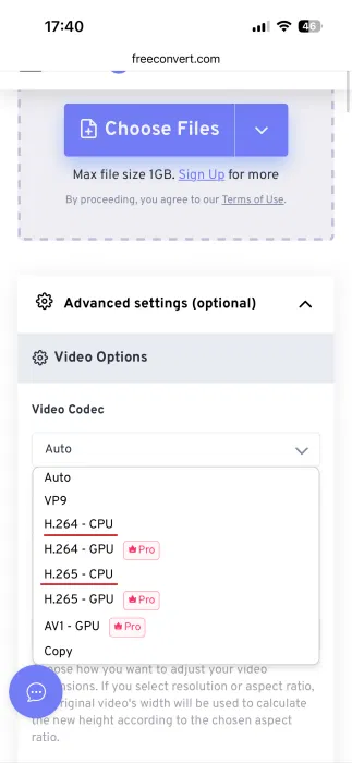 Sélection du codec vidéo pour la conversion WMV à l'aide de l'outil FreeConvert sur iPhone. 