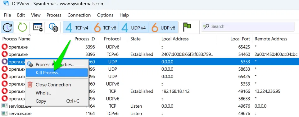 Processus de suppression de TCPView