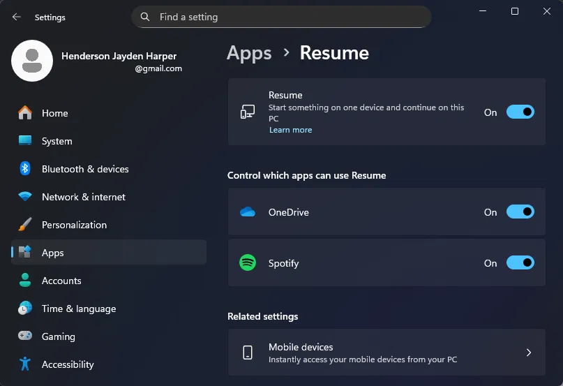 Gérer les paramètres de reprise par application
