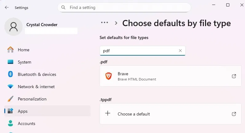 Modification des paramètres par défaut de l'application dans les paramètres Windows.