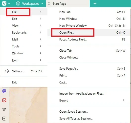 Ouverture d'un fichier à l'aide de la barre de menu.
