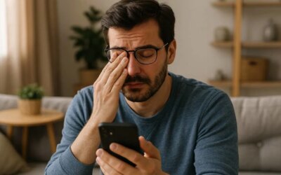 Man using a smartphone and rubbing his eyes to help with eye fatigue.
