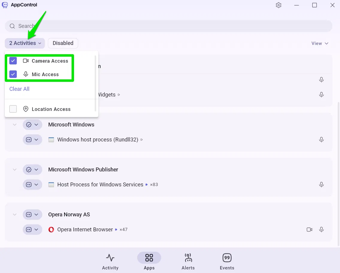Vérification de l'accès aux capteurs dans AppControl
