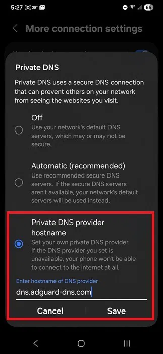 Définition d'un fournisseur DNS privé.