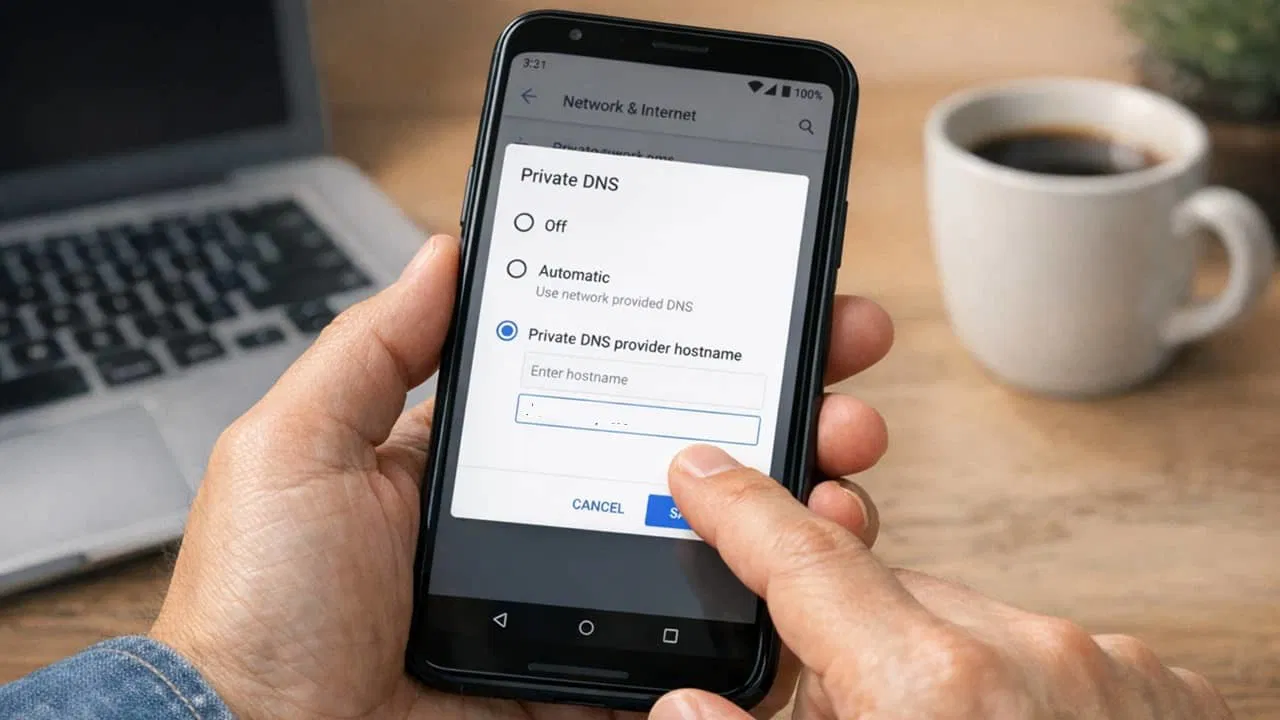Person setting up a private DNS on Android to block ads.