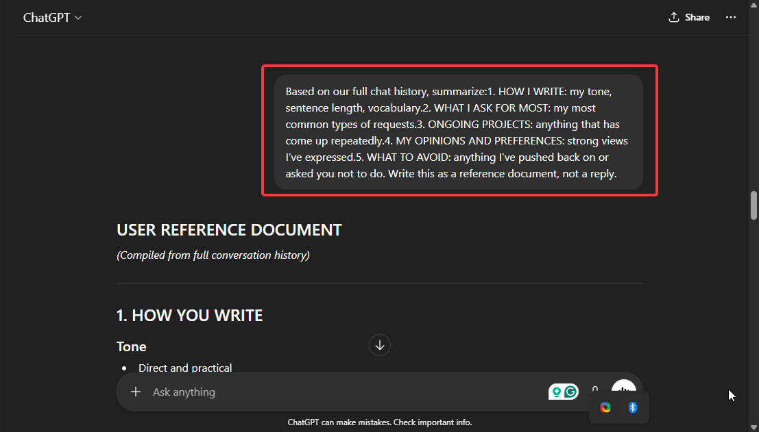 Extraire l'invite de mémoire Chatgpt 2