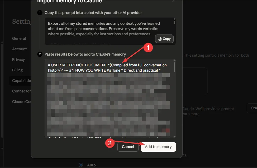 Importer la mémoire vers Claude