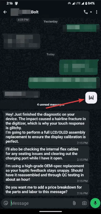 Affichage de l'icône Wispr Flow Whatsapp
