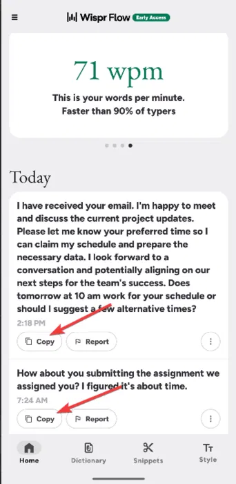Copier une dictée manuellement dans Wispr Flow