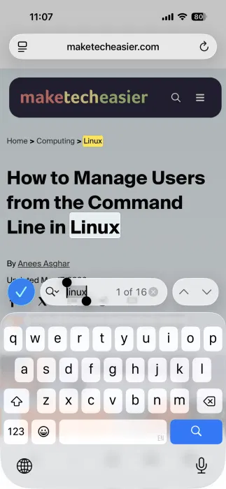 Recherche d'un terme dans une page Web ouverte avec Safari sur iPhone. 