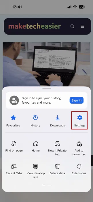Accès aux paramètres dans le navigateur Edge sur iPhone. 