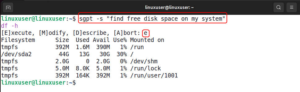 Exécutez des commandes directement avec Sgpt