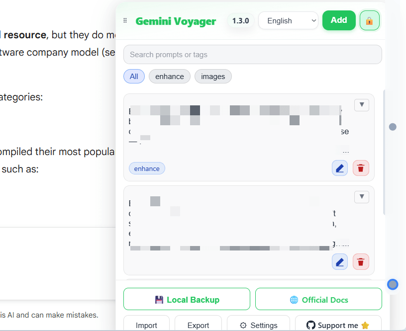 Interface du gestionnaire d'invites Gemini Voyager