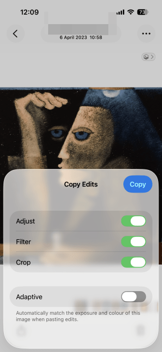 Choisir les modifications à copier pour la photo sur iPhone. 