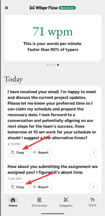 Copier une dictée manuellement dans Wispr Flow