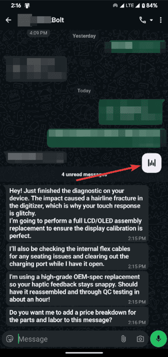 Affichage de l'icône Wispr Flow Whatsapp