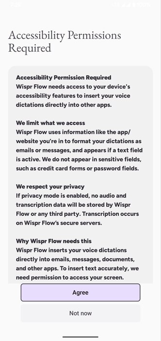 Autorisation d'accessibilité Wispr