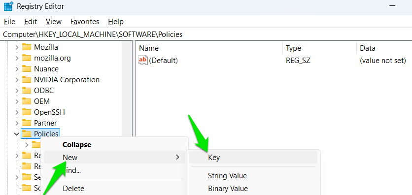 Création d'un nouveau dossier dans le registre Windows
