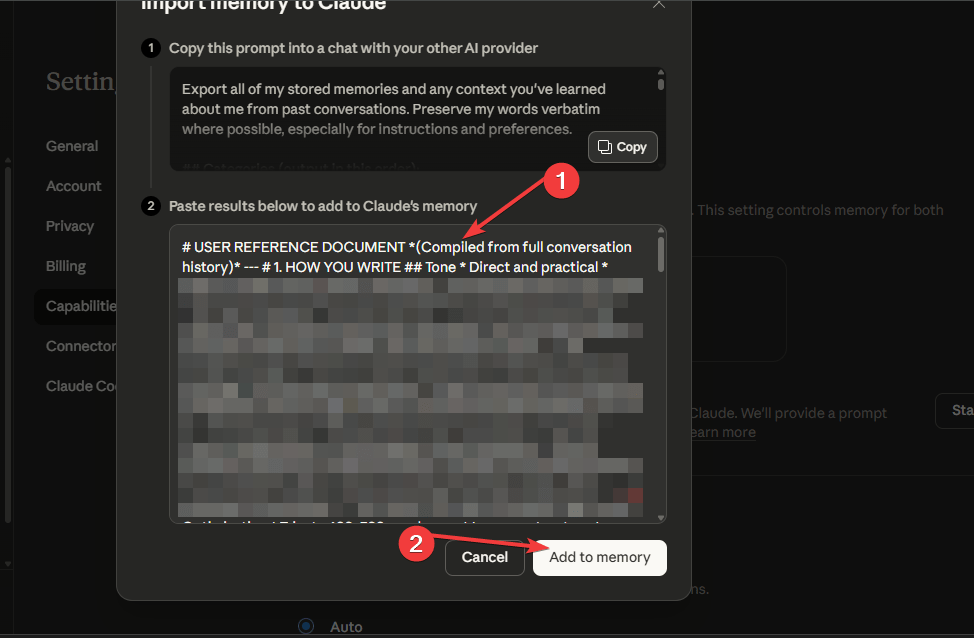 Importer la mémoire vers Claude