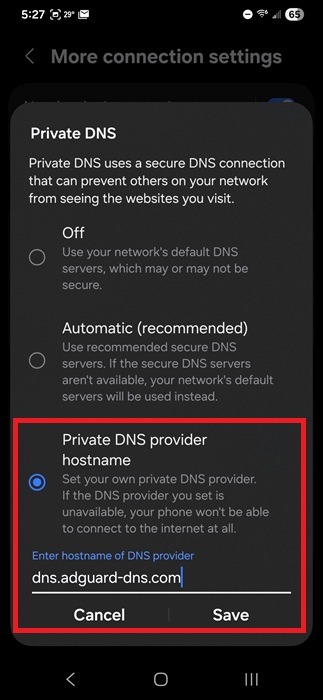 Définition d'un fournisseur DNS privé.