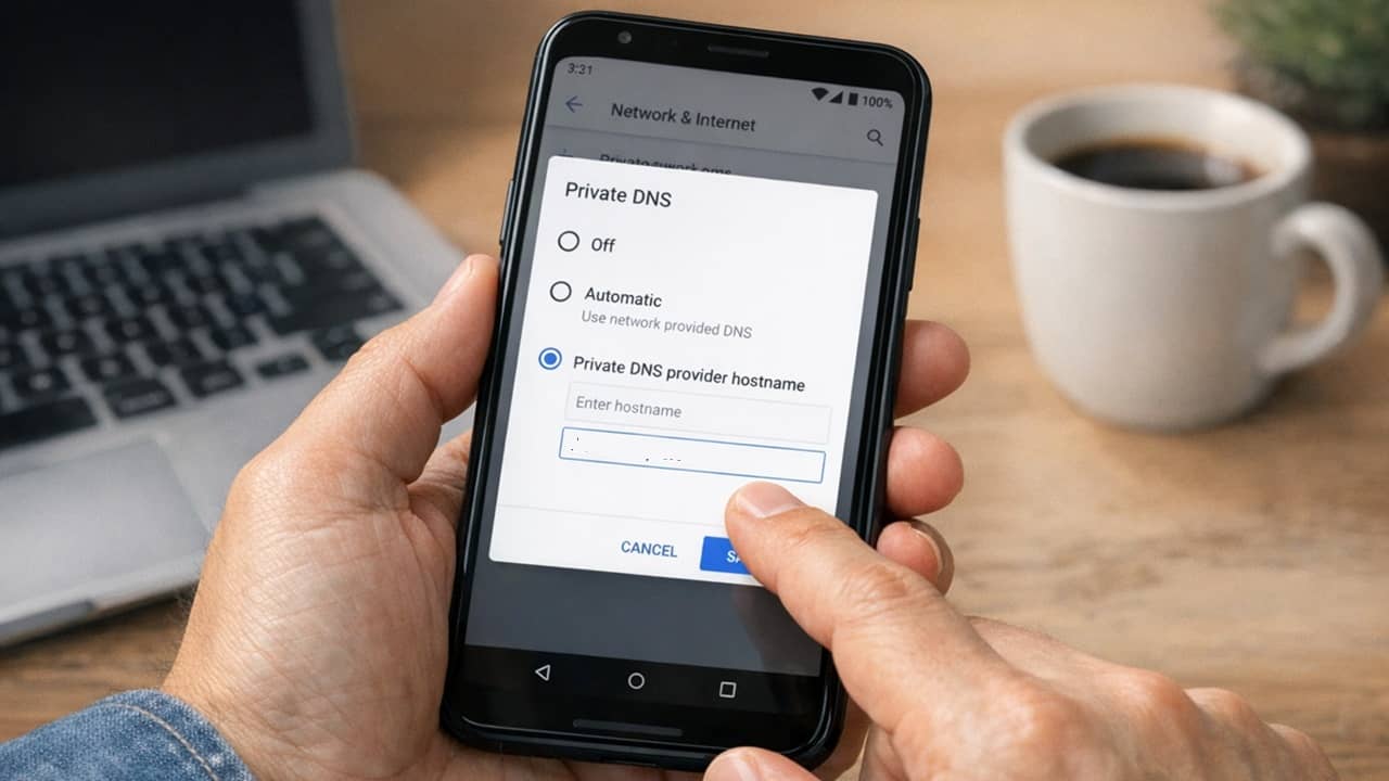 Person setting up a private DNS on Android to block ads.