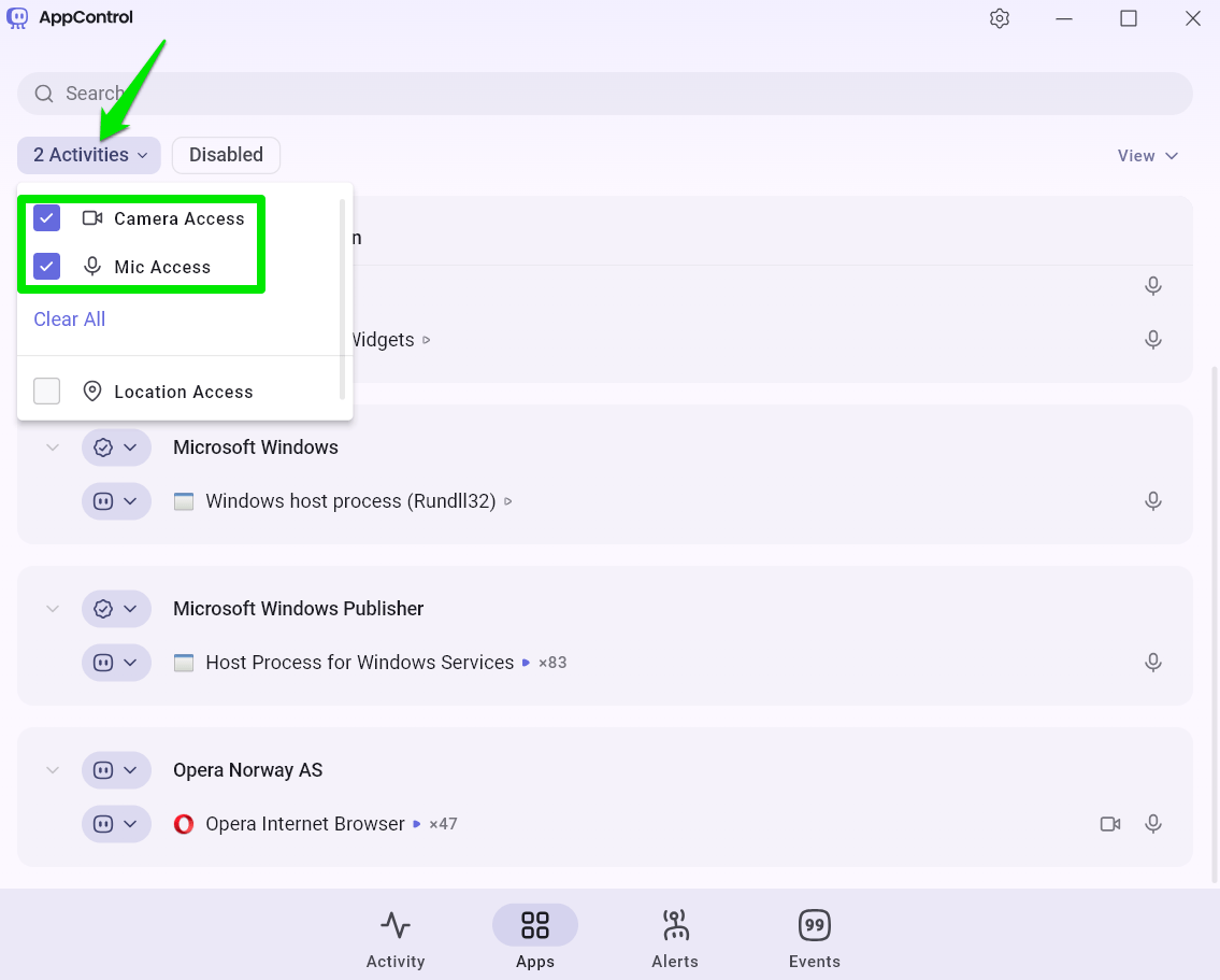 Vérification de l'accès aux capteurs dans AppControl