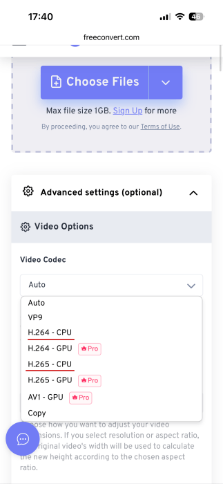 Sélection du codec vidéo pour la conversion WMV à l'aide de l'outil FreeConvert sur iPhone. 