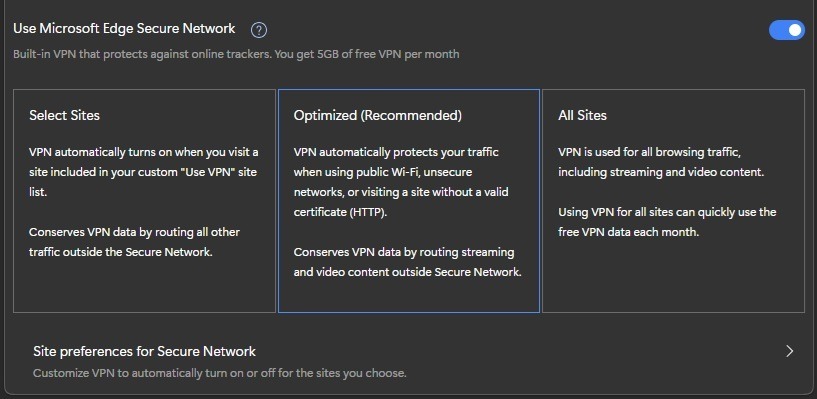 Modification des paramètres du VPN Microsoft Edge Secure Network.