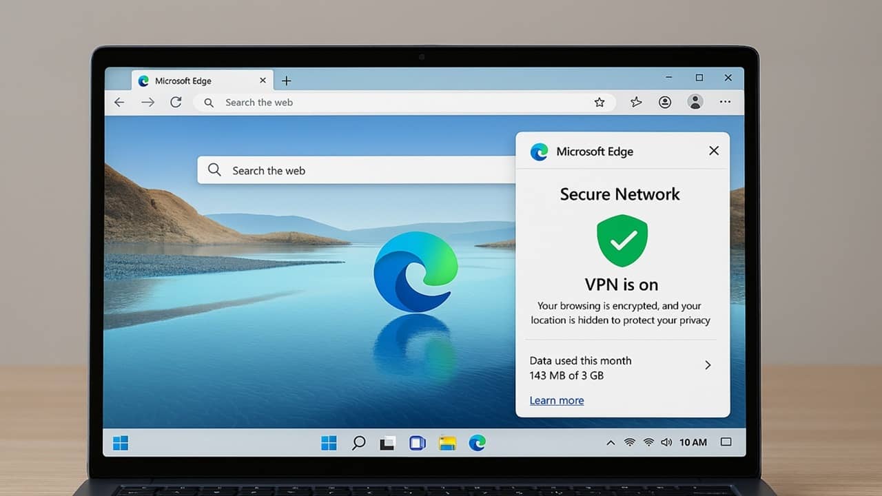 Microsoft Edge VPN active in Edge browser on a Windows laptop.