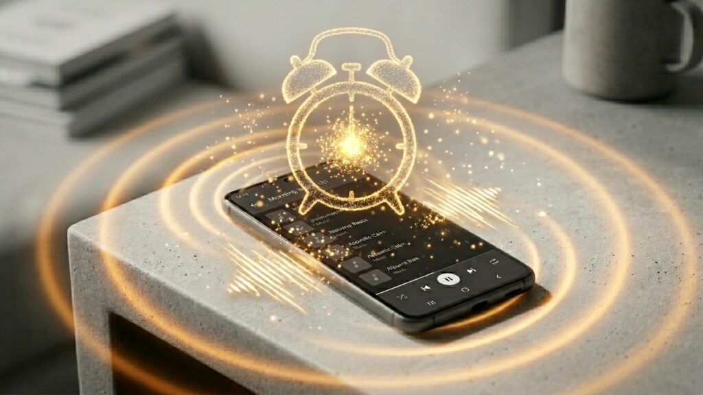 A phone on side table with a playlist playing and alarm going off hologram