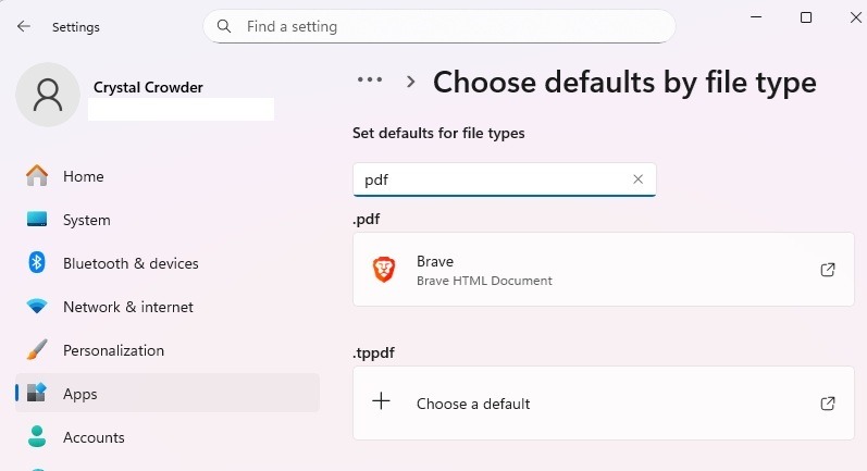 Modification des paramètres par défaut de l'application dans les paramètres Windows.