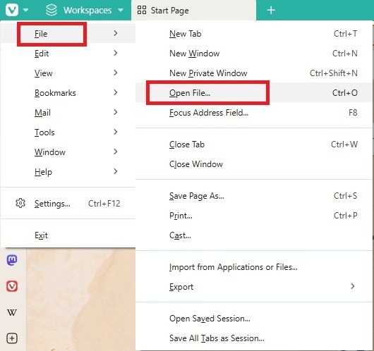 Ouverture d'un fichier à l'aide de la barre de menu.