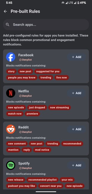 Ne pas notifier les règles prédéfinies
