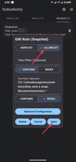 Règle modifiée en liste blanche