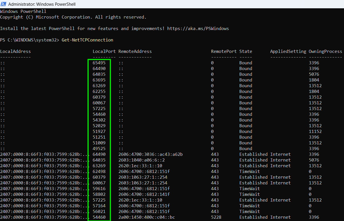 État des ports dans Powershell