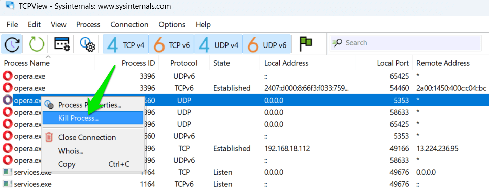 Processus de suppression de TCPView