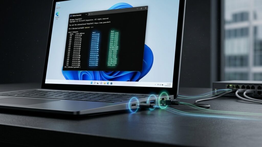 Windows 11 laptop with network wires in ports with a router behind