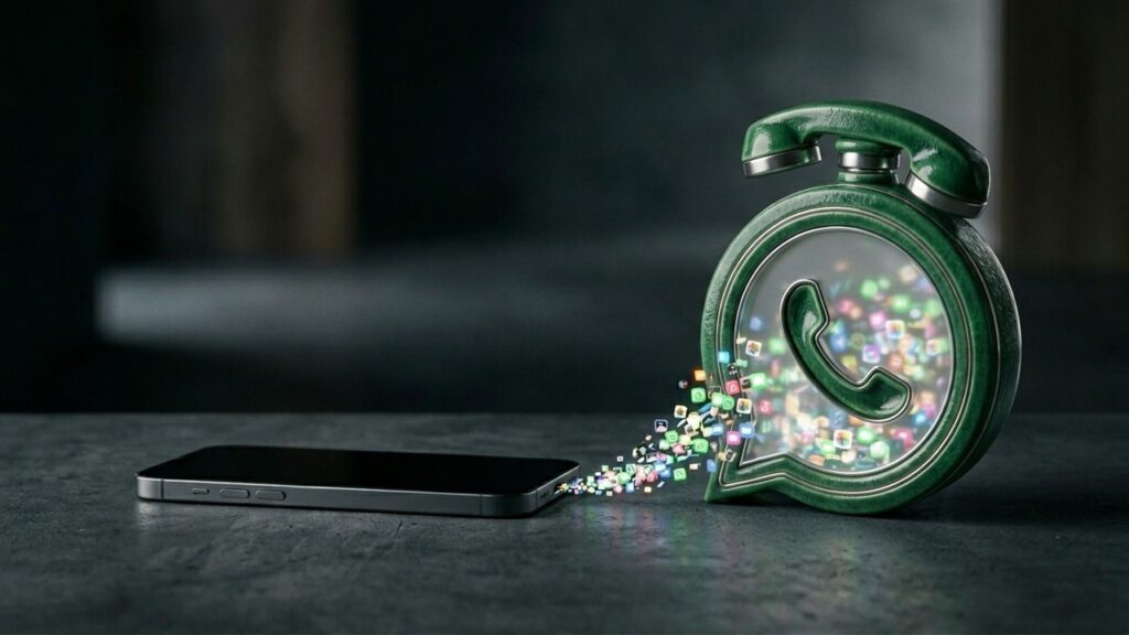 phone with a WhatsApp icon with content flowing from icon into the phone