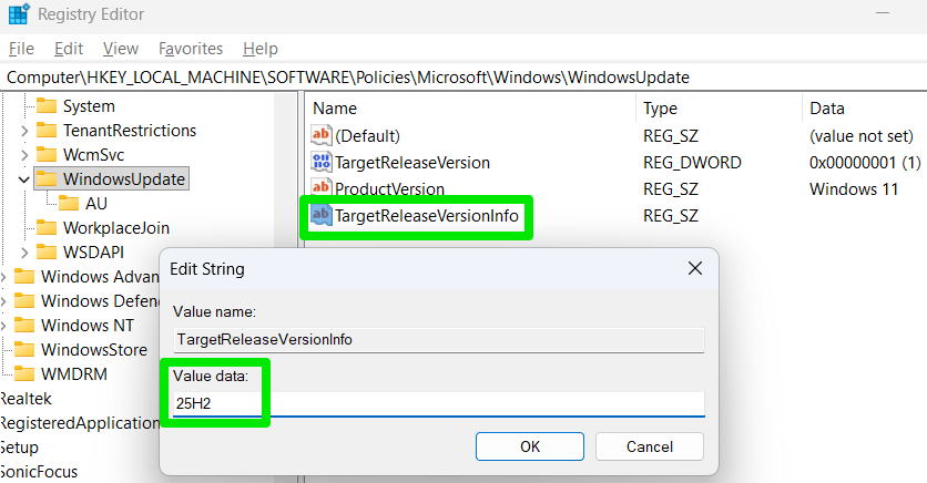 Clé de registre des informations sur la cible